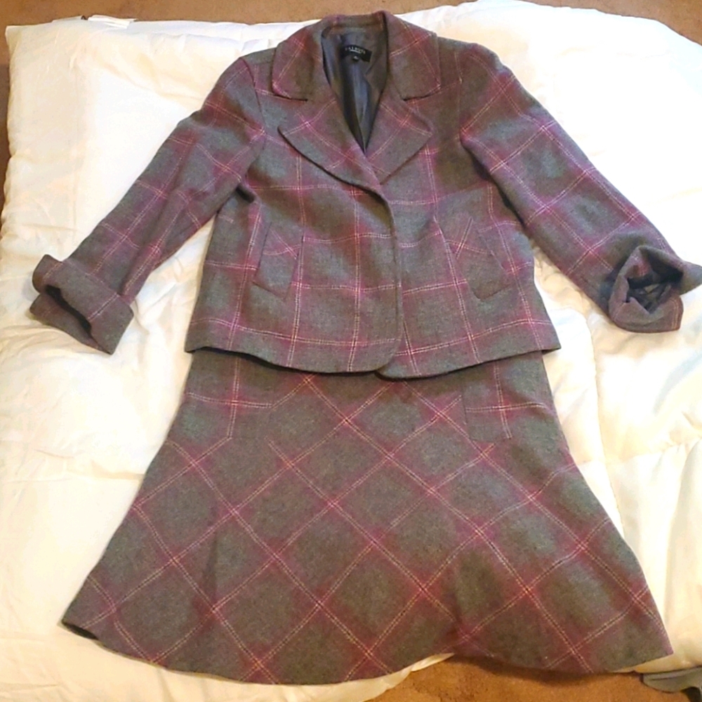 Wool blend plaid blazer and skirt suit